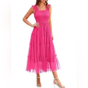Summer Midi Tulle Smocked Square Neck Dress